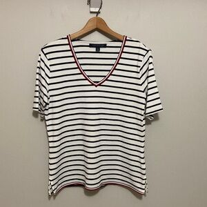 Tommy Hilfiger Women's Striped V-Neck Tee with Red Accents, Size Medium